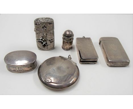 Victorian silver engine turned Vesta, Birmingham 1899; together with a hallmarked silver compact, hinged coin case, filigree 