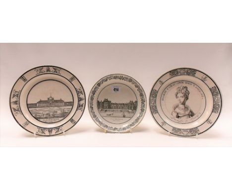 Set of three 19th Century French creamware black transfer printed plates, one showing Duchesse de Berry and showing her bust 