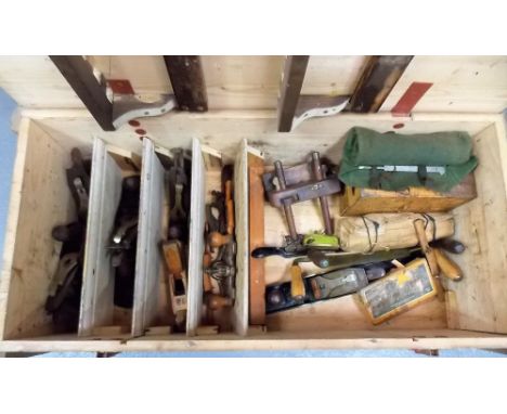 Tool box with vintage tools including three Stanley planes, three other wood planes etc.