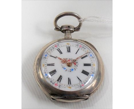 Silver cased open face pocket watch with white enamel foliate painted dial with Roman numerals.