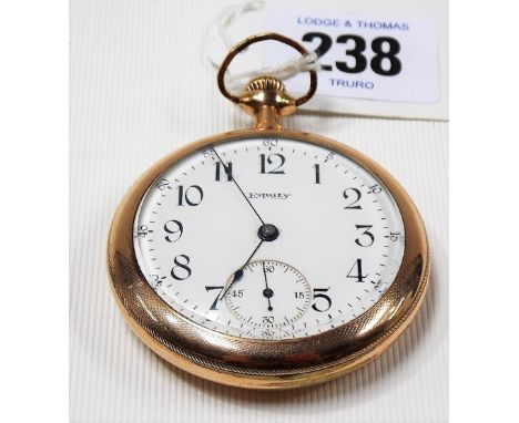 American gold plated open face pocket watch with engraved engine turned decoration, the white enamel subsidiary seconds dial 