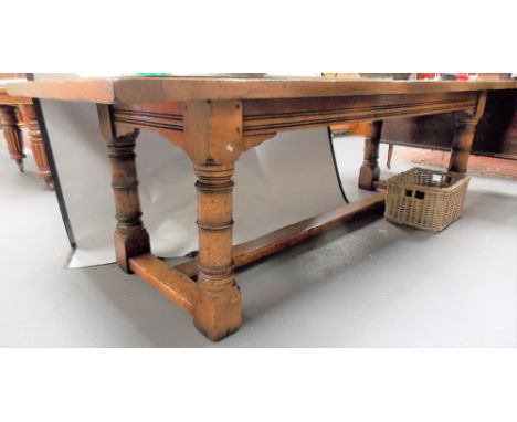 Good reproduction oak 16th Century-style refectory table, the plank top with cleated ends and on four ring turned and block s