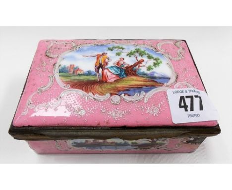 A large 18th Century south Staffordshire enamel on copper hinge lidded box the lid painted with a vignette of a lady and gent