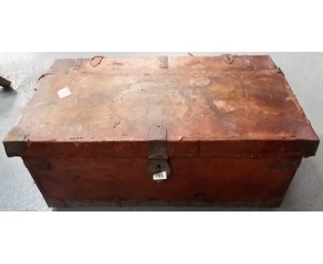 Victorian brown leather metal bound trunk with twin carrying handles, width 69cm.