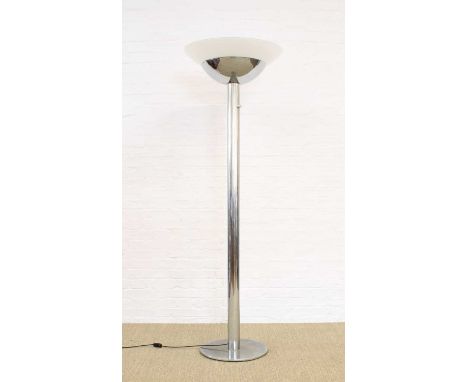 Art Deco Design Chromed Uplighter With opaque glass shade, raised on tubuler column to circular base.178cm high, the shade 59