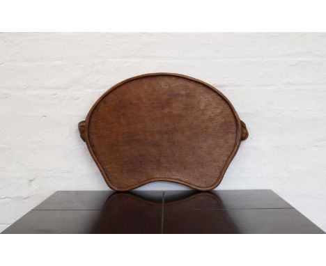 Robert "Mouseman" Thompson of Kilburn Shaped and Adzed Oak Serving Tray Circa 1946, with twin carved signature mice handles.4