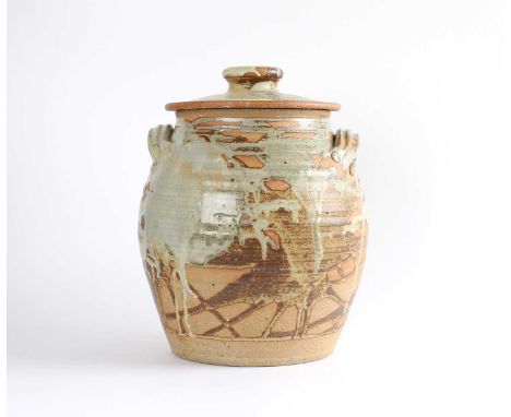 Bryan Newman (British 1935-2019) for Aller Pottery  Large Bread Crock with Cover Thrown stoneware with splashed glaze, impres