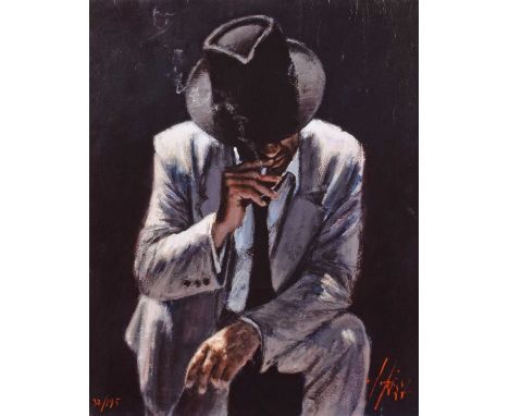 Fabian Perez (Argentinian 1967-) "Smoking under the Light in a White Suit" Signed and numbered 32/195, with autograph and cer