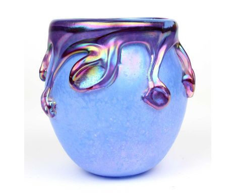 Glasform by John Ditchfield Studio Glass Globular Vase With molten opalescent trailing over irridescent mottled blue body, si
