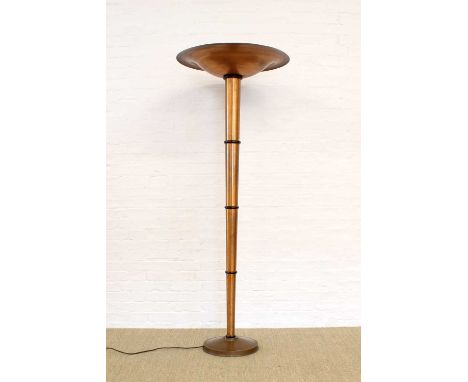 Art Deco Uplighter Early-mid 20th century, copper finish, the upturned shade housing two-bulb fixture, raised on tapered circ