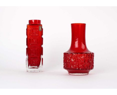 Geoffrey Baxter for Whitefriars Ruby and Clear Glass Cased "Greek Key" and "Mallet" Vases Both introduced 1972, from the "Tex