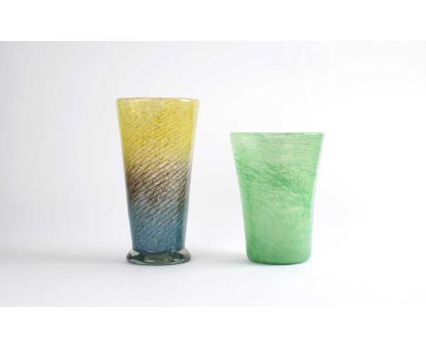 Two Art Glass Tapered Vases The first with yellow to blue swirls and silver inclusions, polished pontil, the second swirled a
