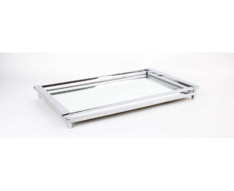 Attributed to Jacques Adnet (French 1900-1984) Art Deco Chromed and Mirrored Serving Tray  Stepped design with raised frame a
