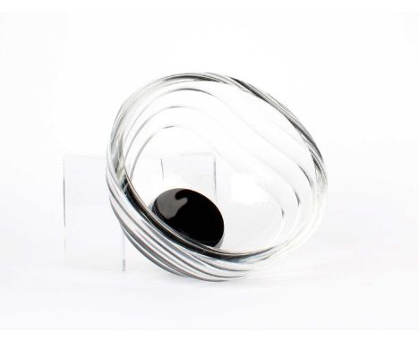 Simon Gate for Orrefors Swedish Art Deco Crystal "Wave" Bowl Circa 1930s, the clear body with cut pattern and raised on black