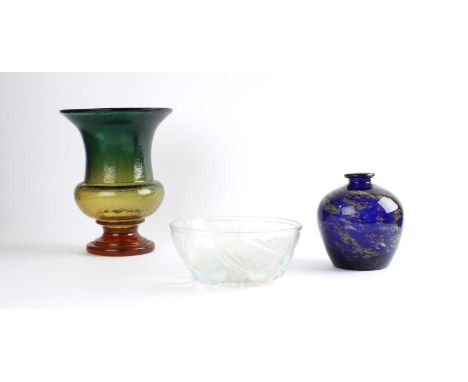 Group of Art Glass Comprising an Art Deco opalescent "Bird" pattern bowl by Jobling, a crackle vase in graduated colourway wi