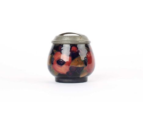 Moorcroft for Liberty & Co. "Pomegranate" Pattern Preserve Pot with "Tudric" Pewter Cover Circa 1915, the hammered cover with