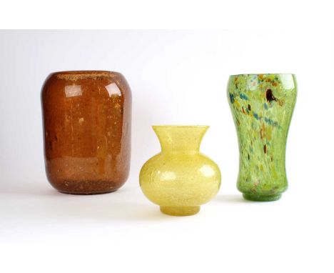 Three Art Glass Vases Likely Scottish, all with profuse bubble inclusions, the first and largest in light brown colourway wit
