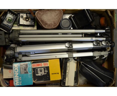 A Tray of Cameras and Accessories, including, Coronet Cadet, Brownies, filters, flash units, tripods and more