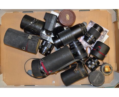 A Tray of Various Lenses, mostly Asahi Pentax M42 or K mount including a 85mm f/1.8 SMC Takumar, a 55mm f/1.8 Super Takumar, 
