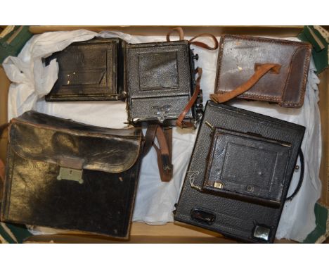 Early 20th Century Cameras, including, the Houghton-Butcher folding plate camera in leather case, Auto Graflex Jr (missing le