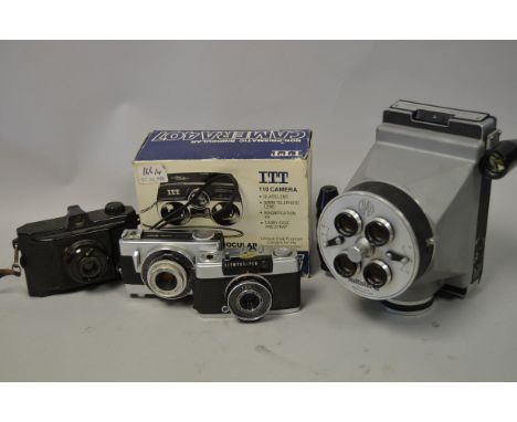 Various Cameras, models include, Cameo multishot 40 polaroid, ITT 110 407 binocular camera, Olympus-Pen EES-2, Ricoh auto sho