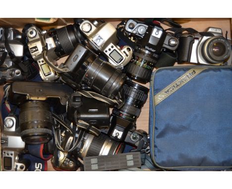 A Tray of SLR Cameras,  manufacturers include Cano50n EOS models, Pentax, Vivitar, Minolta  and Praktica