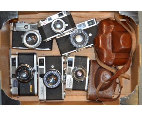 A Tray of 35mm Rangefinder Cameras, including, Olympus 35 RC, Canon Canonet (2), Yashica M, Lynx 5000, Atlas 35 and Pax M3