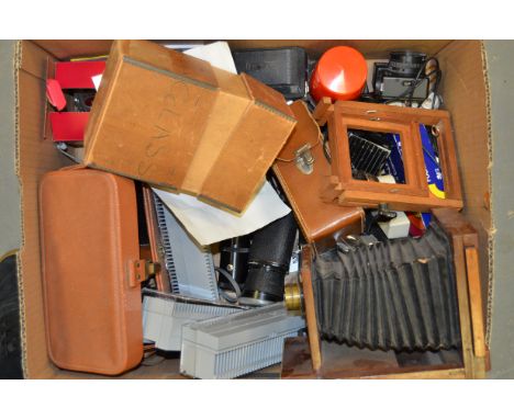 A Tray of Cameras and Accessories, including a Olympus XA with A11 flash, a Militus Monocular, a mahogany and brass 1/4 plate