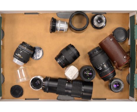 A Tray of Various Lenses,  including a Meyer Optik Gorlitz 100mm f/2.8 Trioplan with maker's case, a Nikon fit Sigma 50mm f/2