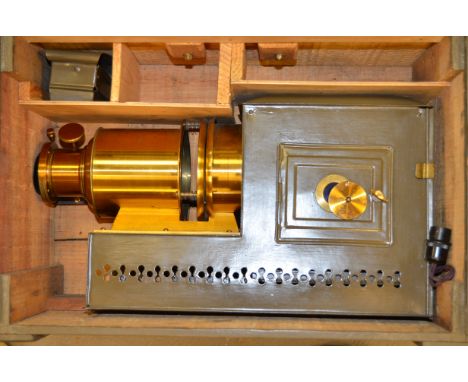 Russian Iron and Brass Magic Lantern, refinished in green, 'W.M.S.S. Union Pacticon' complete with condenser, rack and pinion