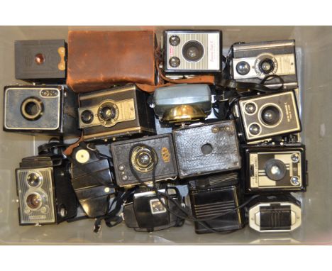 A Tray of Box Cameras, including, Coronet Conway, Twelve 20 Ensign Twenty, Brownie Flash II and other examples