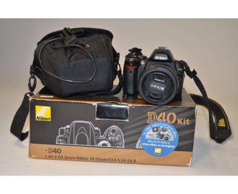 A Nikon D40 DSLR Camera,  untested, with a AF-S Nikkor 18-55mm f/3.5-5.6 GII ED lens, fabric carry case, maker's box, battery