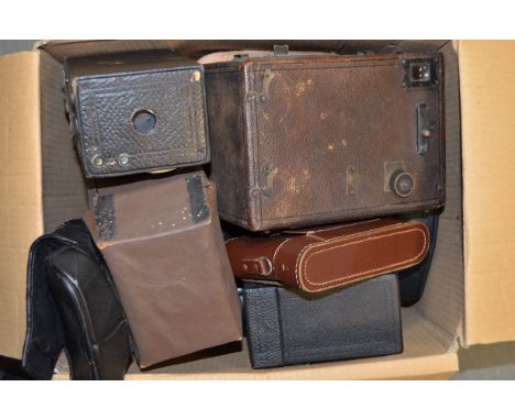 A Box of Various Cameras,  including a morroco covered mahogany falling plate camera with a Aldis Brothers series II lens, a 