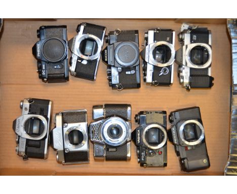 A Tray of 35mm SLR Camera Bodies Including, Canon AE-1, Olympus OM-2, Pentax ME Super and other examples