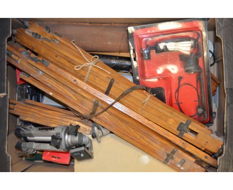 A Tray of Wooden Tripods and mounting equipment,  including table top clamps, modular grips, monopods and more