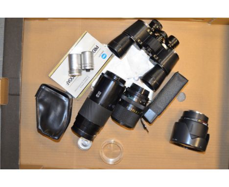 A Tray of Camera Accessories, including Minolta and Tamron zoom lenses, a Minolta flash, a Leitz 35mm film cassette, unmarked