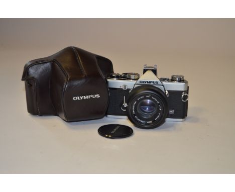 Olympus OM-1n 35mm SLR Camera, with Zuiko Auto-s 50mm f/1.8 lens, shutter working, body VG, elements G, in leather case