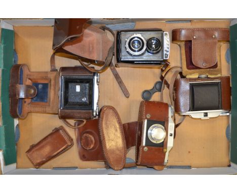 A Tray of Various Cameras,  including a Purma Plus, a Ensign Selfix 620, a Lubitel 2 TLR and a GB Kershaw IB, in maker's case