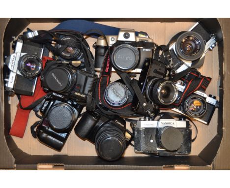A Tray of 35mm  Cameras, including, Canon A-1, Pentax ME-Super, Yashica TL-Electro, Ricoh Singlex TLS and other examples