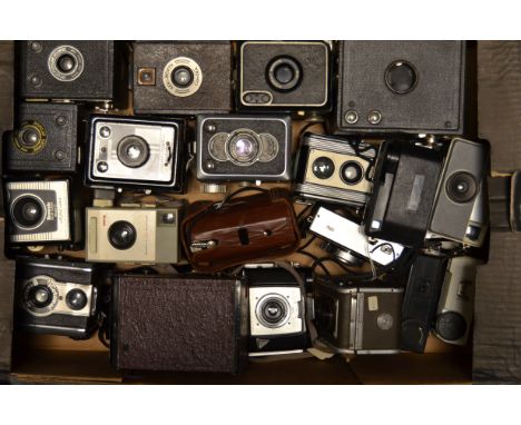 A Tray of Box Cameras, models include, Kodak Daughter IV, Portrait Brownie No2, Brownie model D, Coronet-Conway and other exa