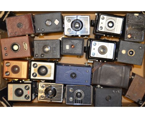 A Tray of Box Cameras, models include, Kodak six 20 Brownie, Six 20 Portrait Brownie, Coronet Ambassador and other examples  