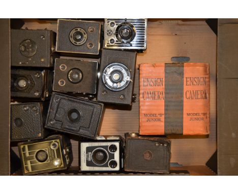 A Tray of Box Cameras, including, Ensign model B junior in makers box, six 20 Brownie, Target Brownie and other models