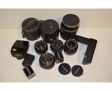 A Tray of Olympus Lenses and Accessories,  lens include a 50mm f/1.4, a 24mm f/2.8, 28mm f/3.5 and a 35-70mm f/3.5 -4.5, toge