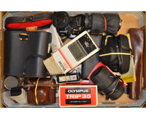 A Tray of Various Cameras and Accessories,  cameras include a boxed Olympus Trip 35, Zeiss Ikon Symbolica, a Pentax SP500 and