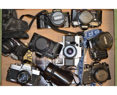 A Tray of SLR Cameras,  Manufacturers include, Minolta, Praktica and Ricoh