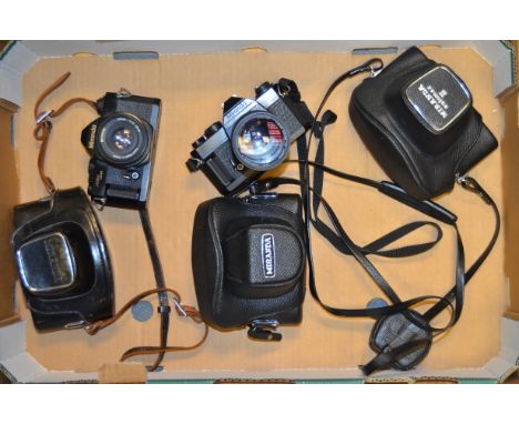 A Tray of Miranda SLR Cameras, examples include a MS-1 Super, a Auto Sensorex EE and more, some with maker's cases