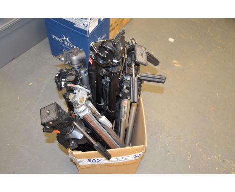 A Box of Tripods, with manufacturers Manfrotto, Stitz, Miranda and more