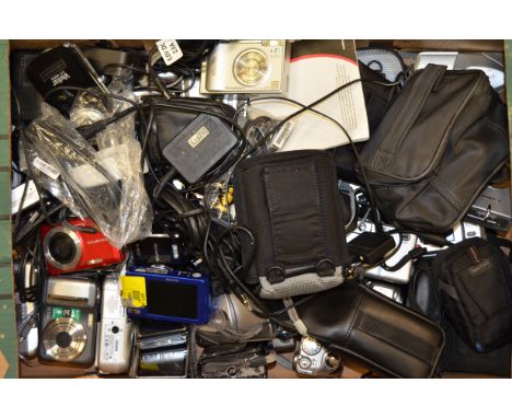 A Tray of Compact Digital Cameras,  manufacturers include Canon, Fujifilm, Nikon, Olympus and more together with sync cables 