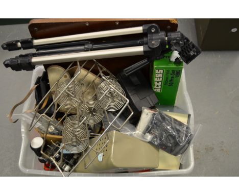 A Tray of Cameras and Accessories, including darkroom equipment, spools and control boxes, cine camera parts, lenses, filters