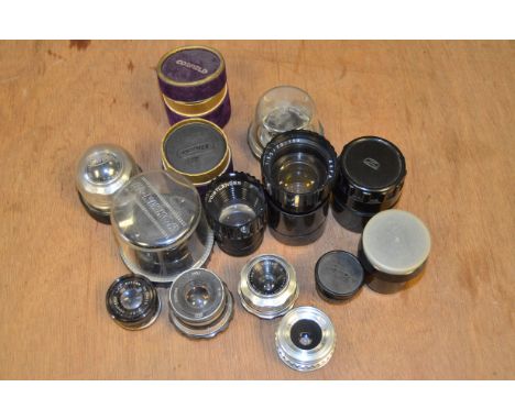 A Tray of Various Lenses, including enlarging lenses by Nikon, Minolta, Voigtlander and Agfa, a Schneider Kreuznach 28mm f/4 